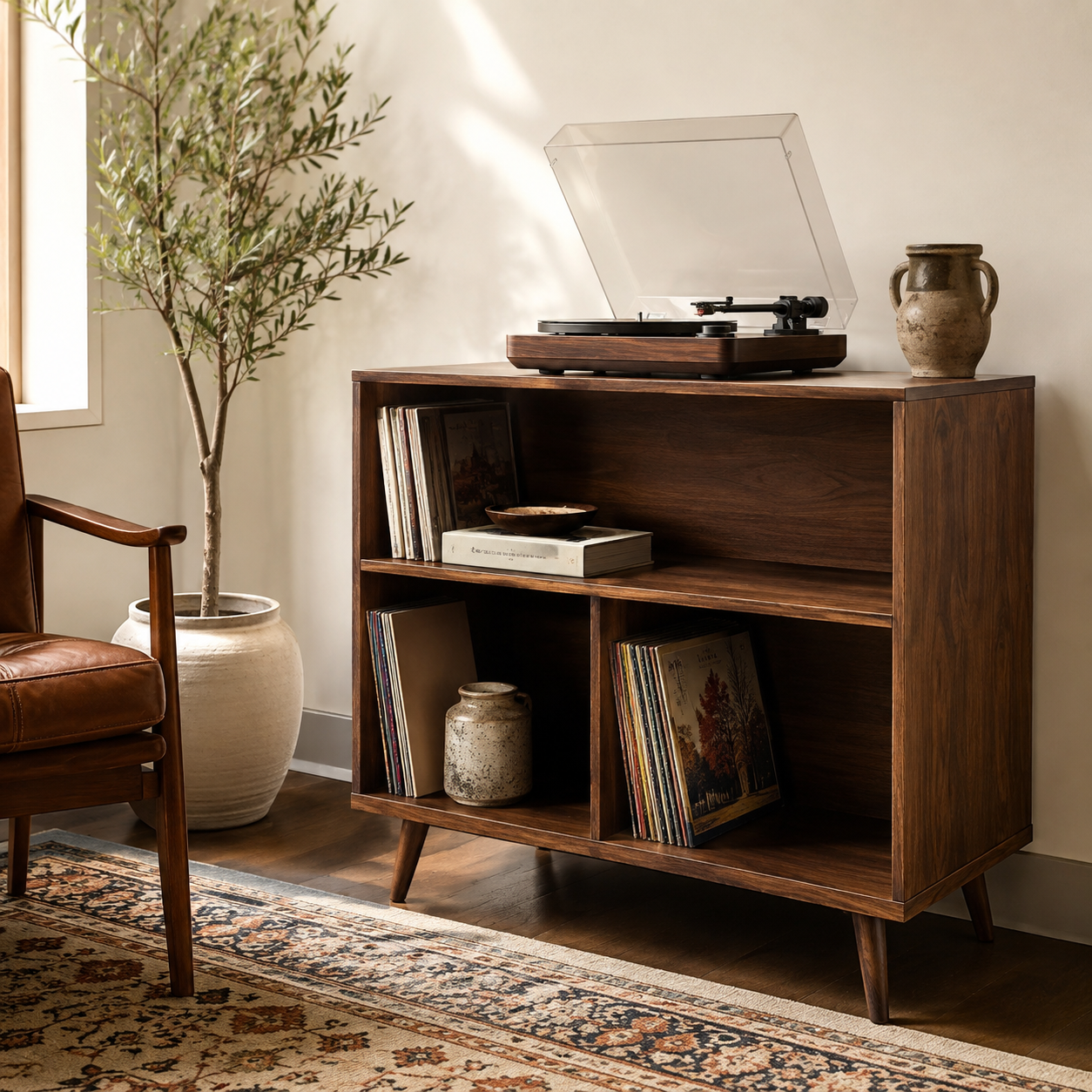 Tall Record Player Stand with Vinyl Storage – Mid-Century Turntable Stand & LP Organizer