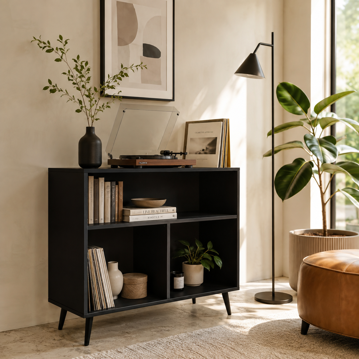 Tall Record Player Stand with Vinyl Storage – Mid-Century Turntable Stand & LP Organizer
