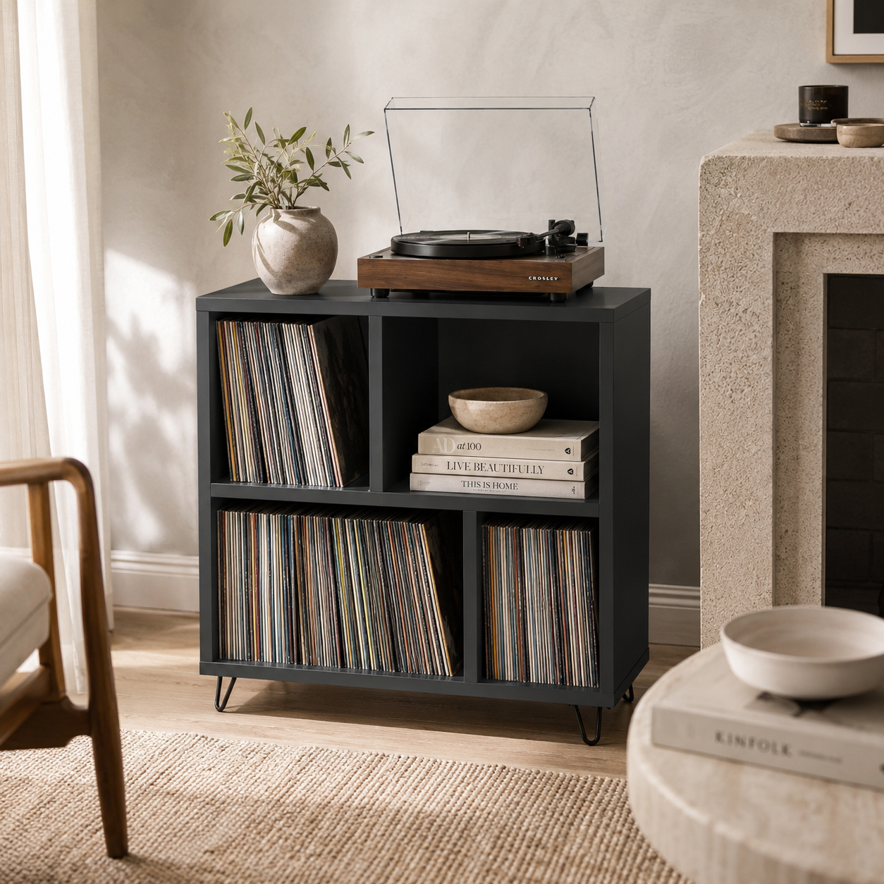 Mid-Century Record Player Stand with Vinyl Storage – Turntable Cabinet & LP Organizer