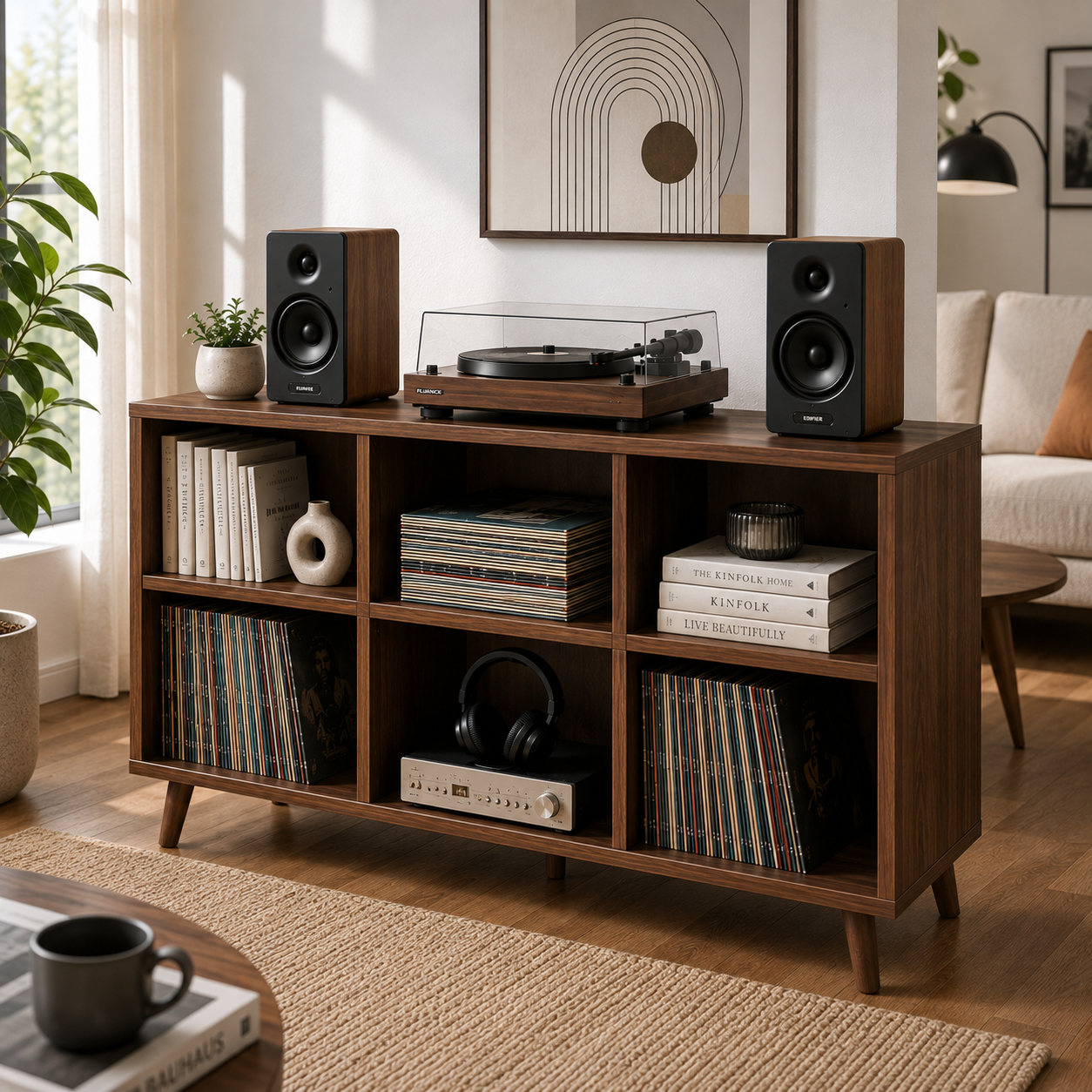 Mid-Century Record Player Stand with Vinyl Storage – Turntable Console & LP Storage Cabinet