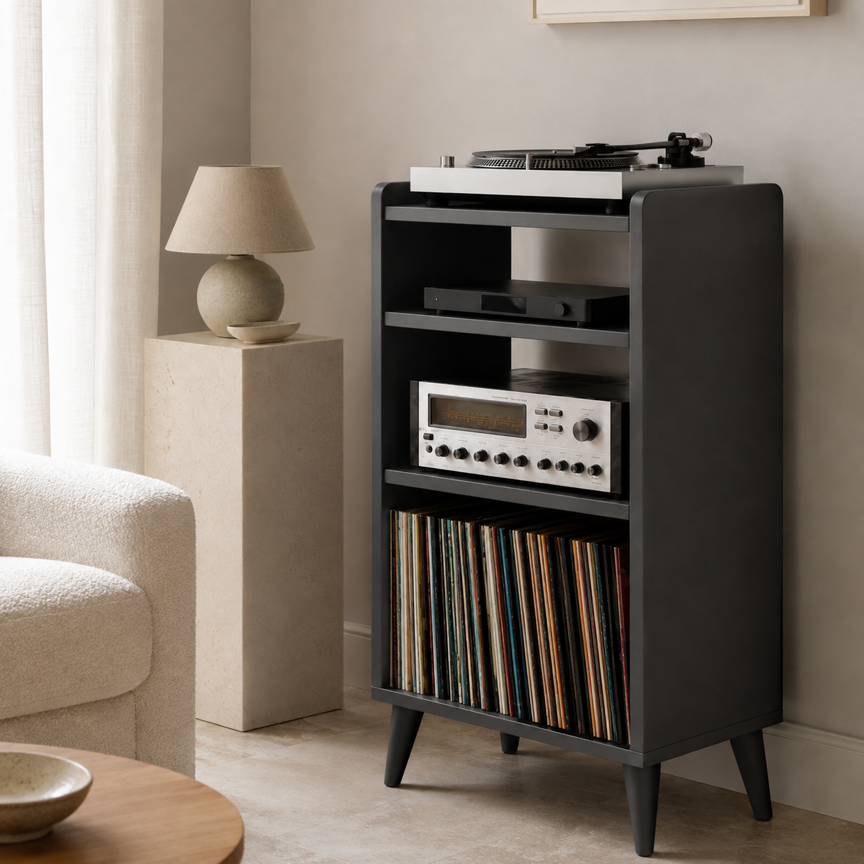 Narrow Record Player Stand with Vinyl Storage – Tall Turntable Stand & LP Organizer