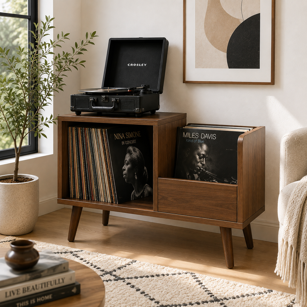 Mid-Century Vinyl Record Storage Stand – 2-Compartment LP Organizer & Record Display Cabinet