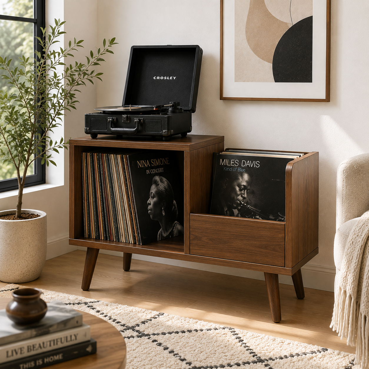 Mid-Century Vinyl Record Storage Stand – 2-Compartment LP Organizer & Record Display Cabinet