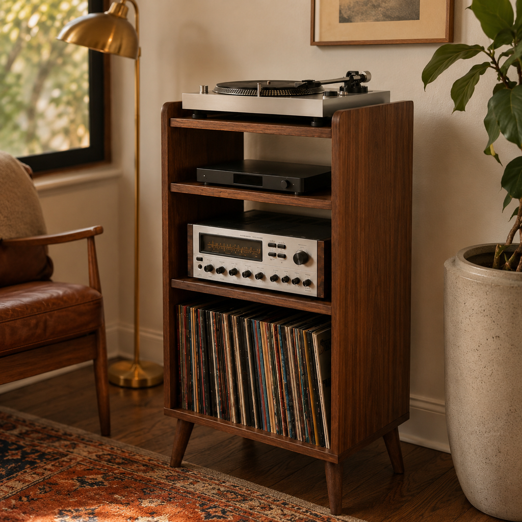 Narrow Record Player Stand with Vinyl Storage – Tall Turntable Stand & LP Organizer