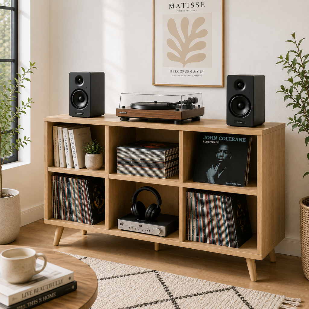 Mid-Century Record Player Stand with Vinyl Storage – Turntable Console & LP Storage Cabinet