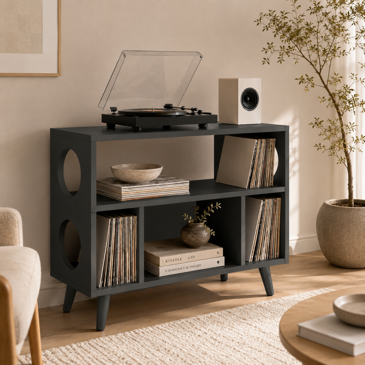 Modern Record Player Stand with Vinyl Storage – Multi-Level Turntable Cabinet & LP Organizer