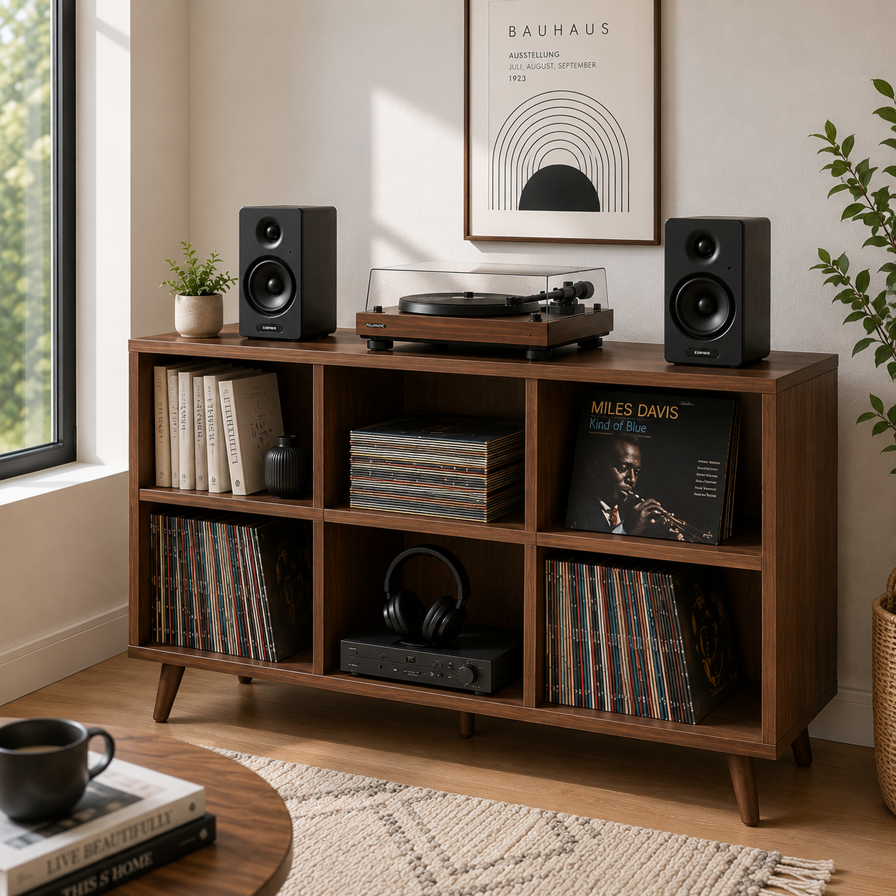 Mid-Century Record Player Stand with Vinyl Storage – Turntable Console & LP Storage Cabinet