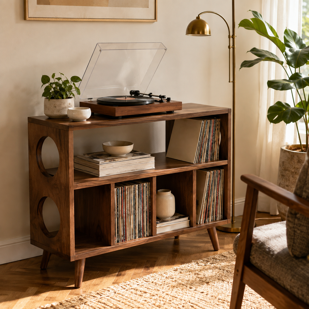 Modern Record Player Stand with Vinyl Storage – Multi-Level Turntable Cabinet & LP Organizer