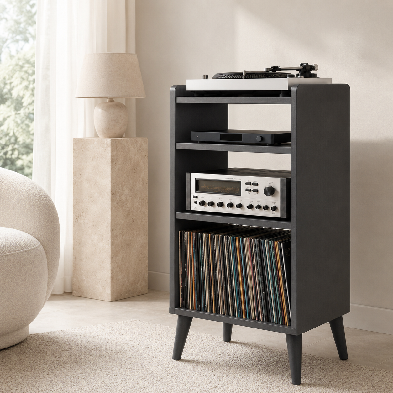Narrow Record Player Stand with Vinyl Storage – Tall Turntable Stand & LP Organizer