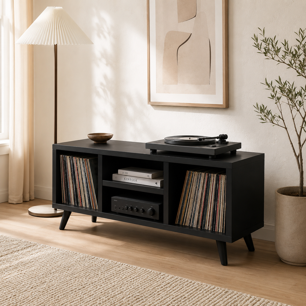 Mid-Century Record Player Stand with Vinyl Storage – Low Turntable Console & LP Storage Cabinet