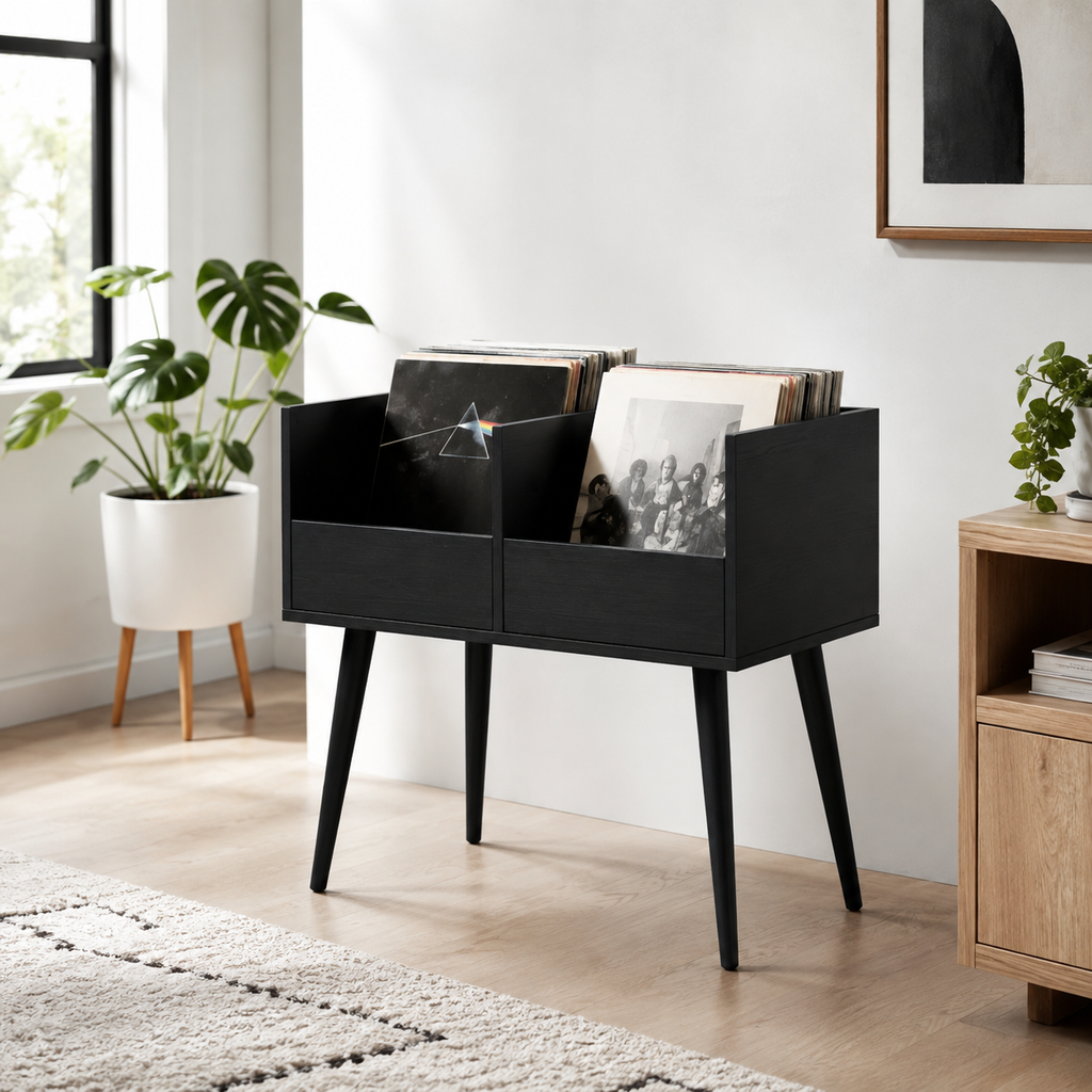 Mid-Century Vinyl Record Storage Stand – LP Organizer & Record Player Stand, Walnut Style