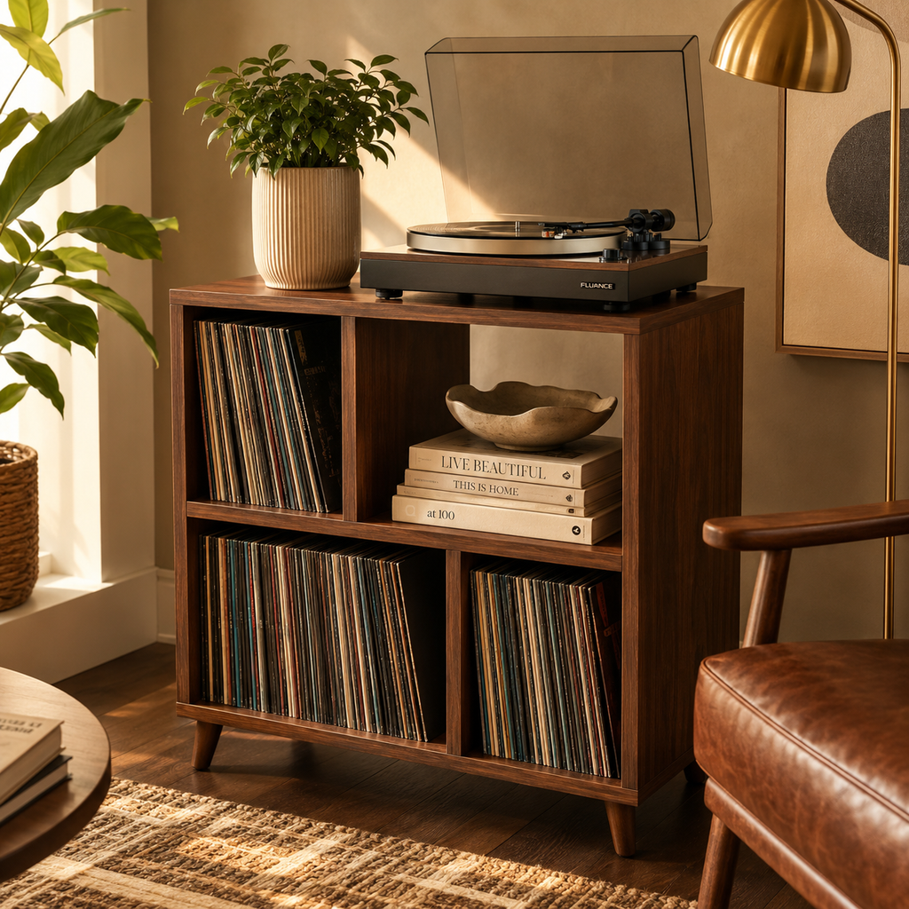 Mid-Century Record Player Stand with Vinyl Storage – Turntable Cabinet & LP Organizer