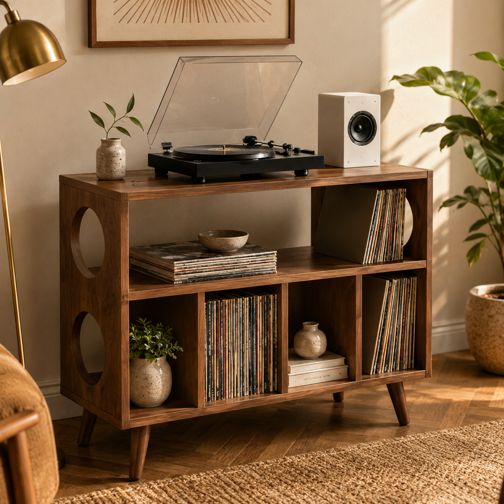 Modern Record Player Stand with Vinyl Storage – Multi-Level Turntable Cabinet & LP Organizer