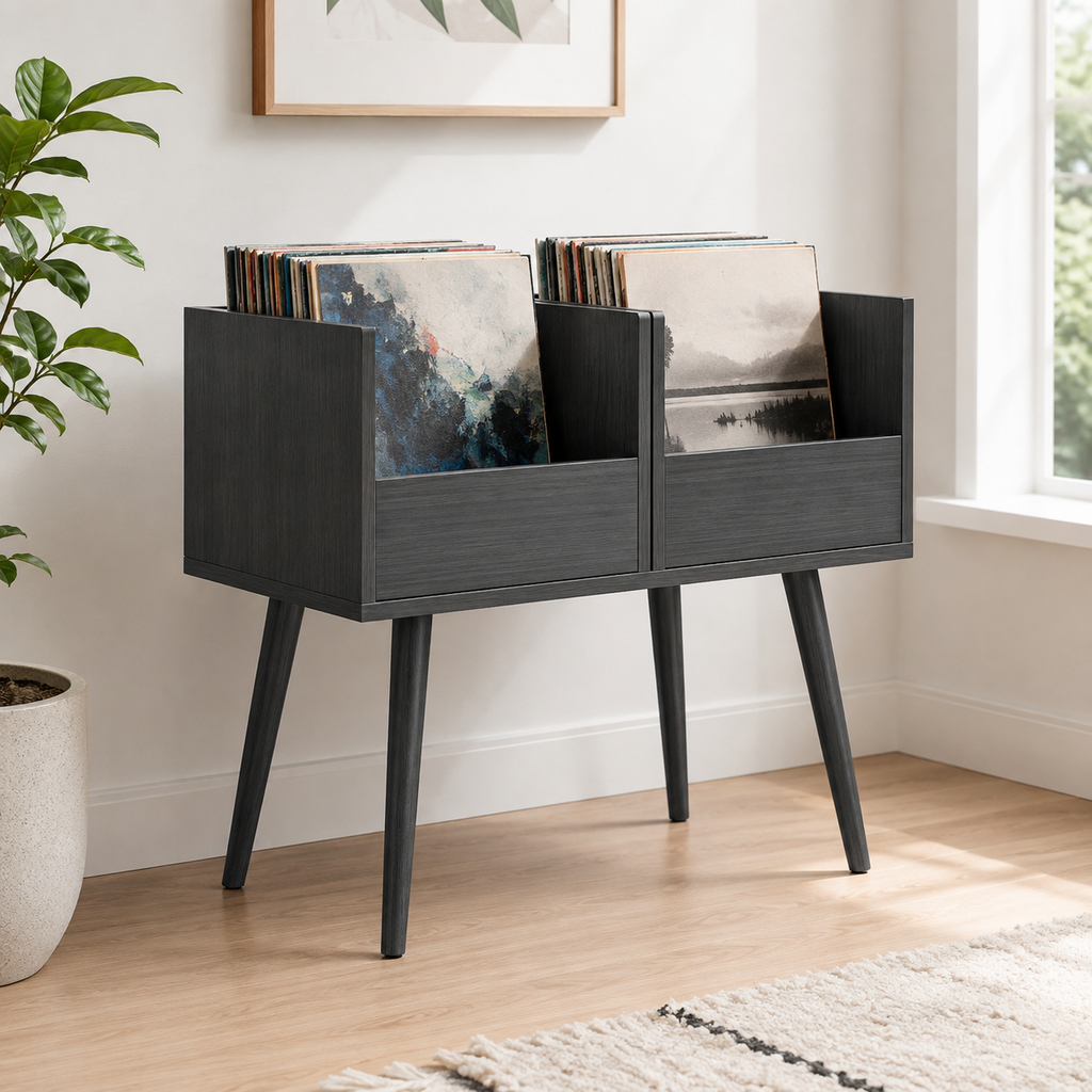 Mid-Century Vinyl Record Storage Stand – LP Organizer & Record Player Stand, Walnut Style