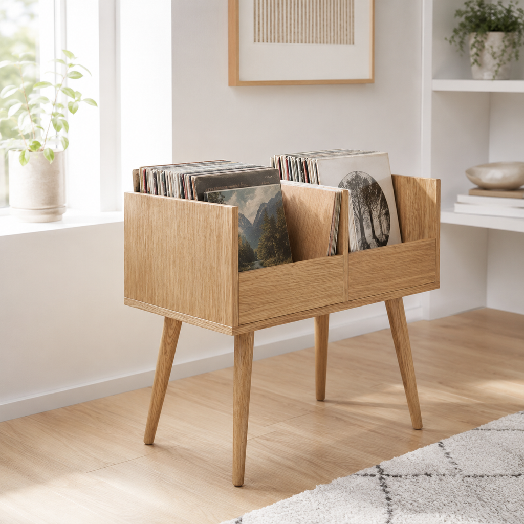 Mid-Century Vinyl Record Storage Stand – LP Organizer & Record Player Stand, Walnut Style