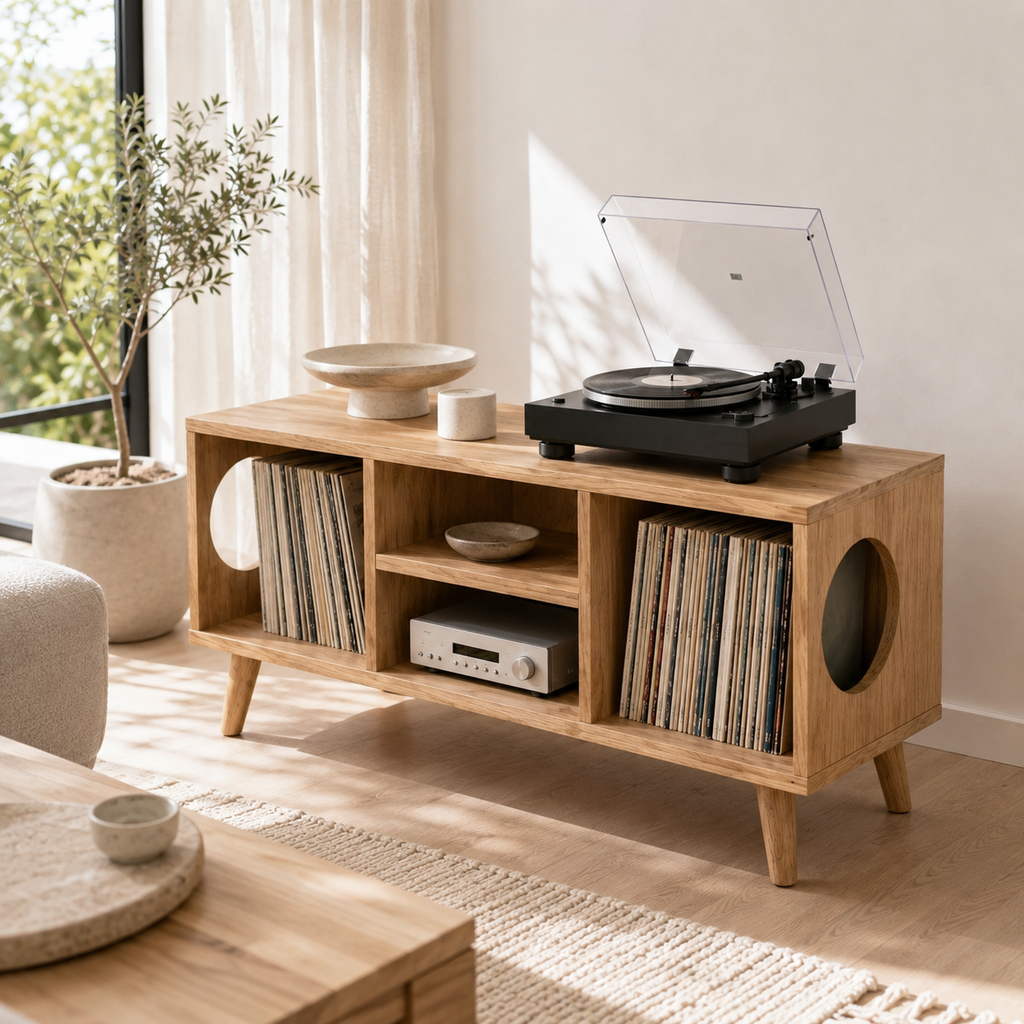 Record Player Stand with Vinyl Storage – Modern Turntable & LP Organizer