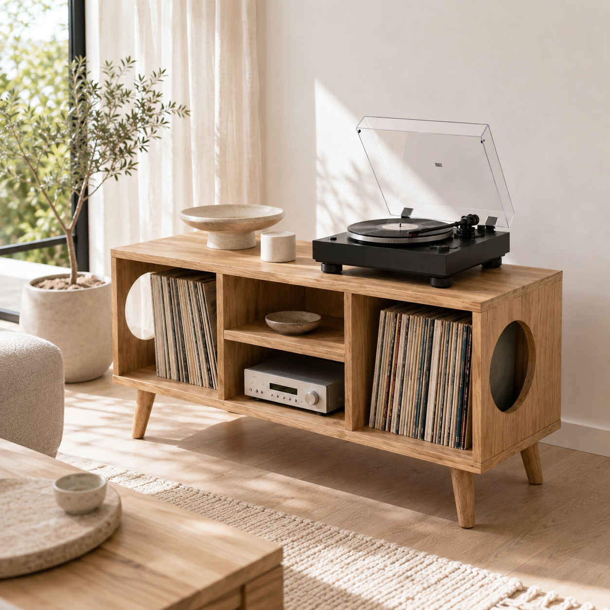 Record Player Stand with Vinyl Storage – Modern Turntable & LP Organizer