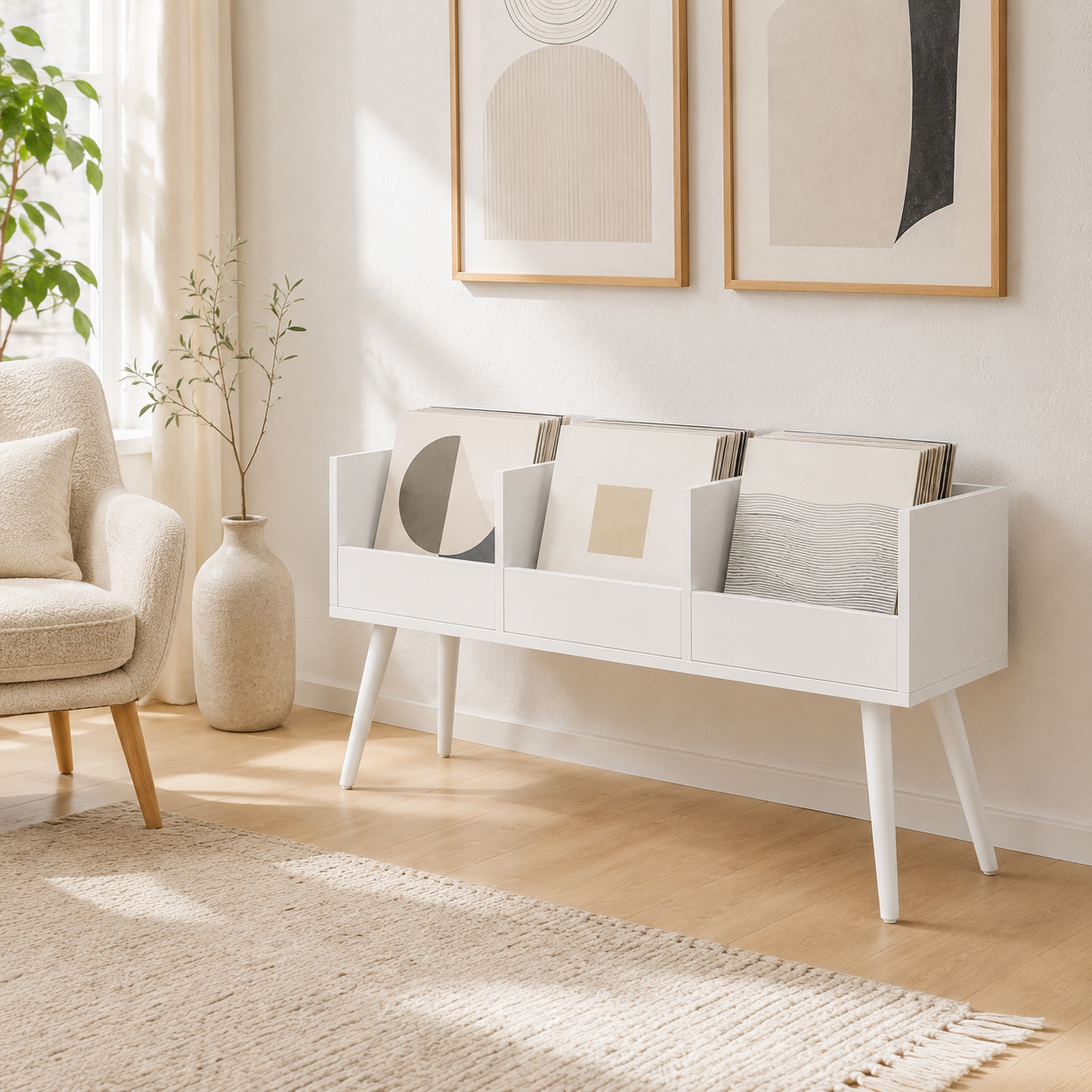 Mid-Century Vinyl Record Storage Stand – 3-Compartment LP Organizer & Record Display Cabinet