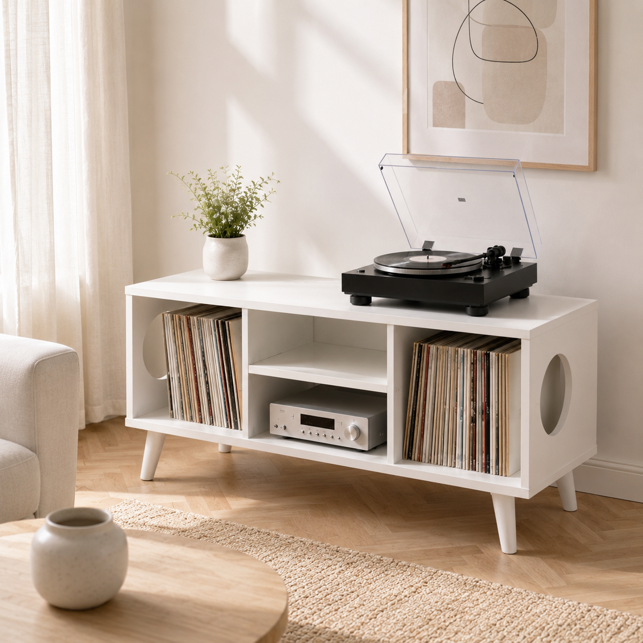 Record Player Stand with Vinyl Storage – Modern Turntable & LP Organizer