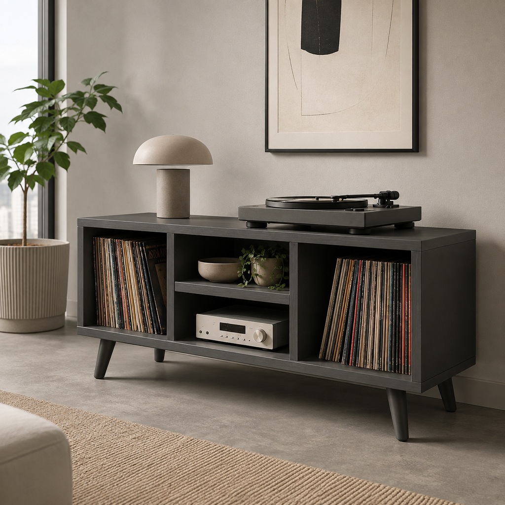Mid-Century Record Player Stand with Vinyl Storage – Low Turntable Console & LP Storage Cabinet