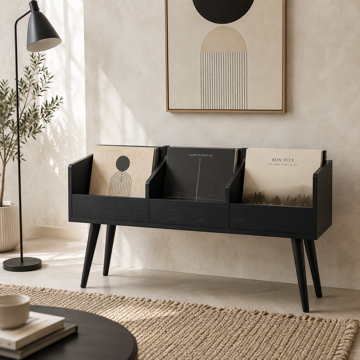 Mid-Century Vinyl Record Storage Stand – 3-Compartment LP Organizer & Record Display Cabinet