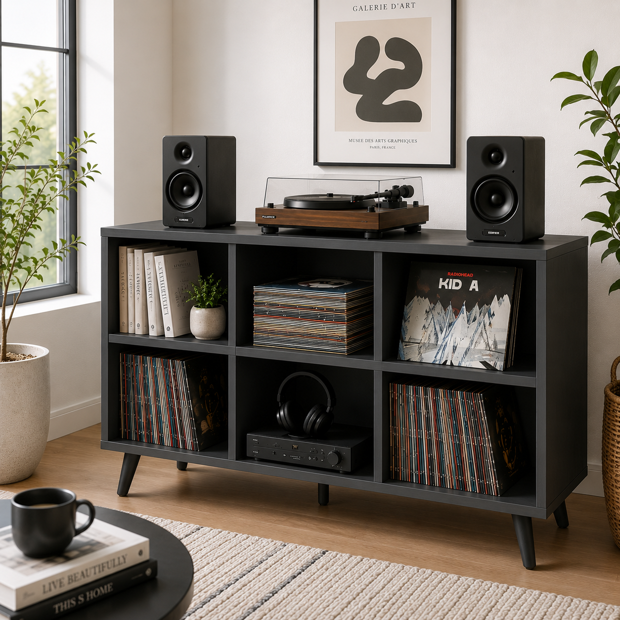 Mid-Century Record Player Stand with Vinyl Storage – Turntable Console & LP Storage Cabinet