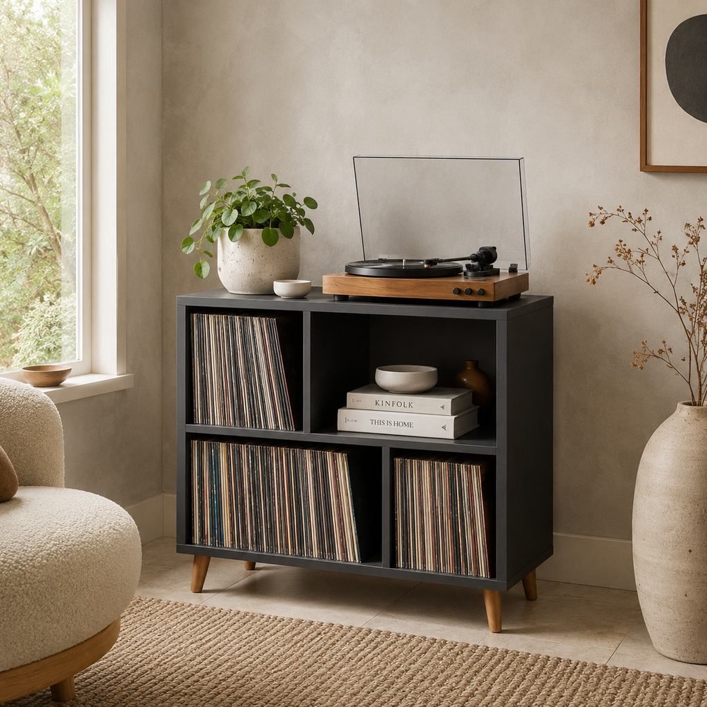 Mid-Century Record Player Stand with Vinyl Storage – Turntable Cabinet & LP Organizer