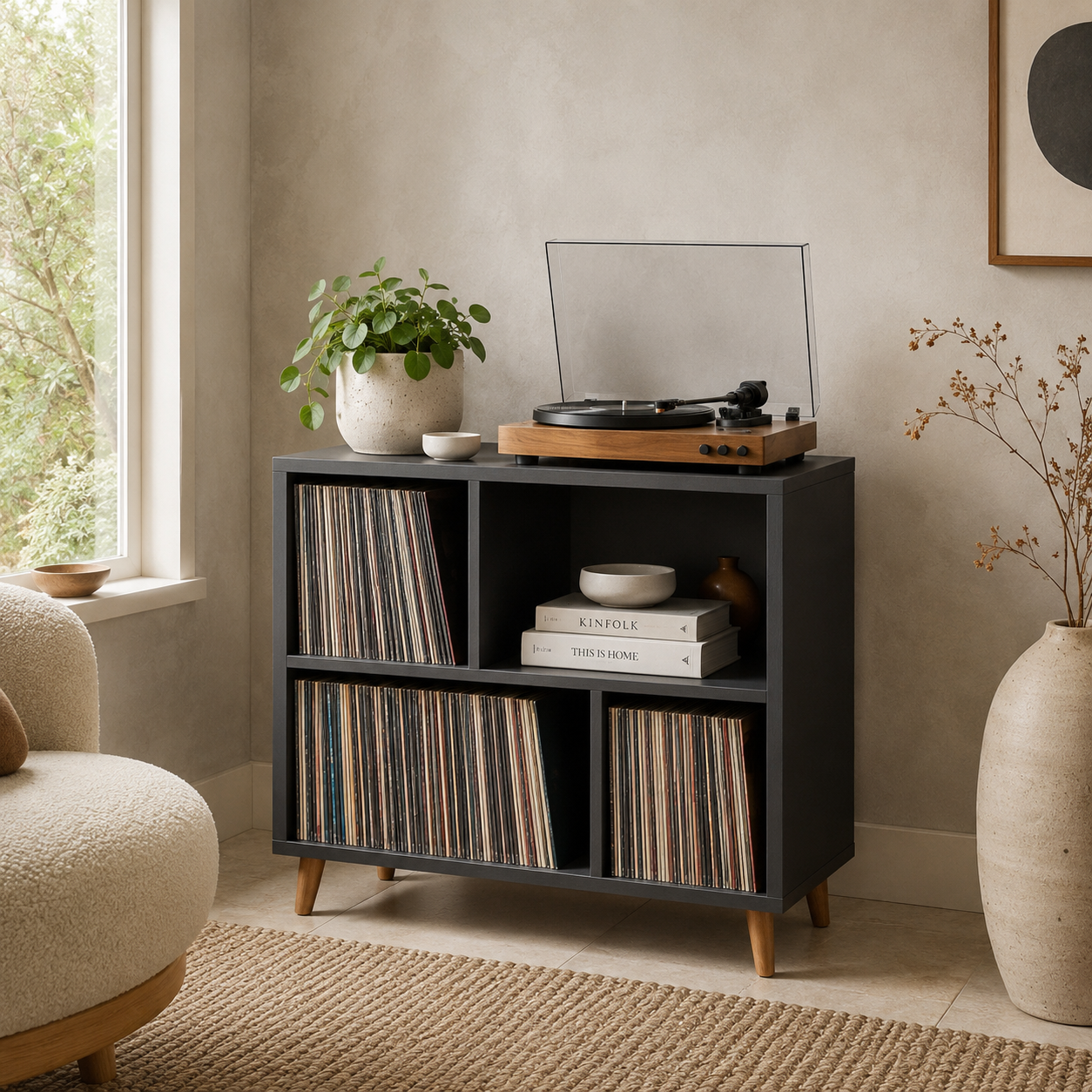 Mid-Century Record Player Stand with Vinyl Storage – Turntable Cabinet & LP Organizer