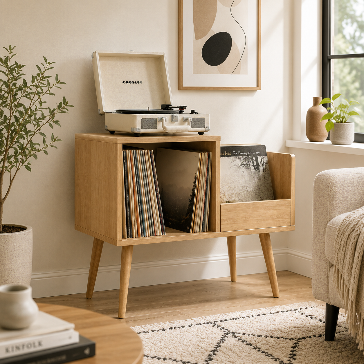 Mid-Century Vinyl Record Storage Stand – 2-Compartment LP Organizer & Record Display Cabinet