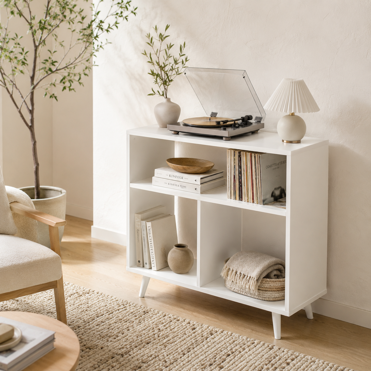 Tall Record Player Stand with Vinyl Storage – Mid-Century Turntable Stand & LP Organizer