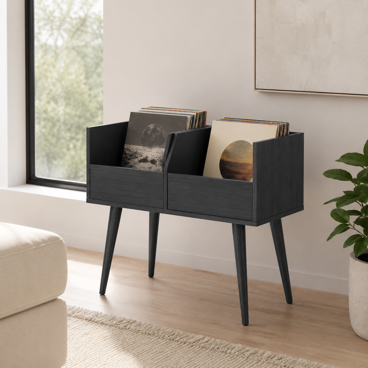 Mid-Century Vinyl Record Storage Stand – LP Organizer & Record Player Stand, Walnut Style