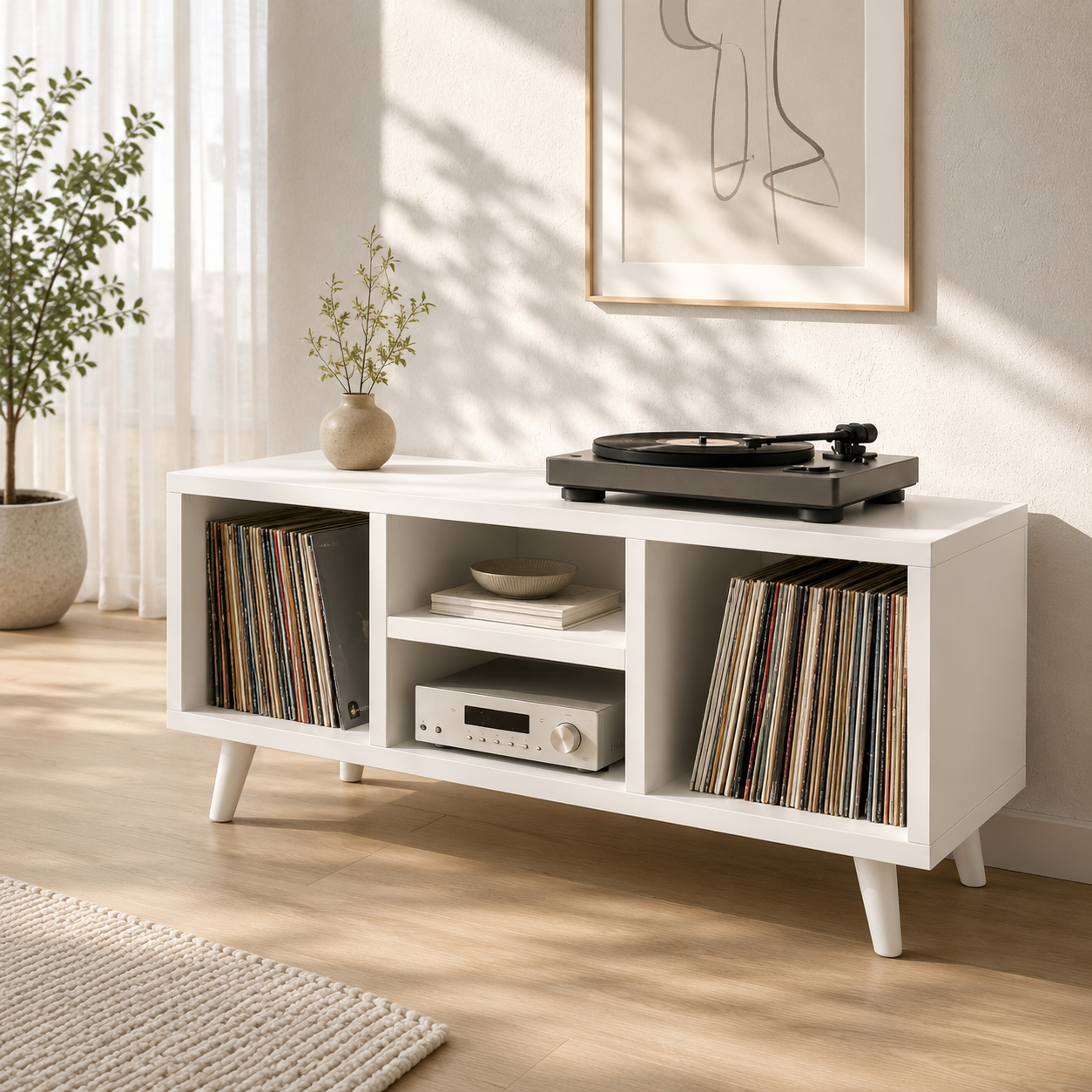 Mid-Century Record Player Stand with Vinyl Storage – Low Turntable Console & LP Storage Cabinet