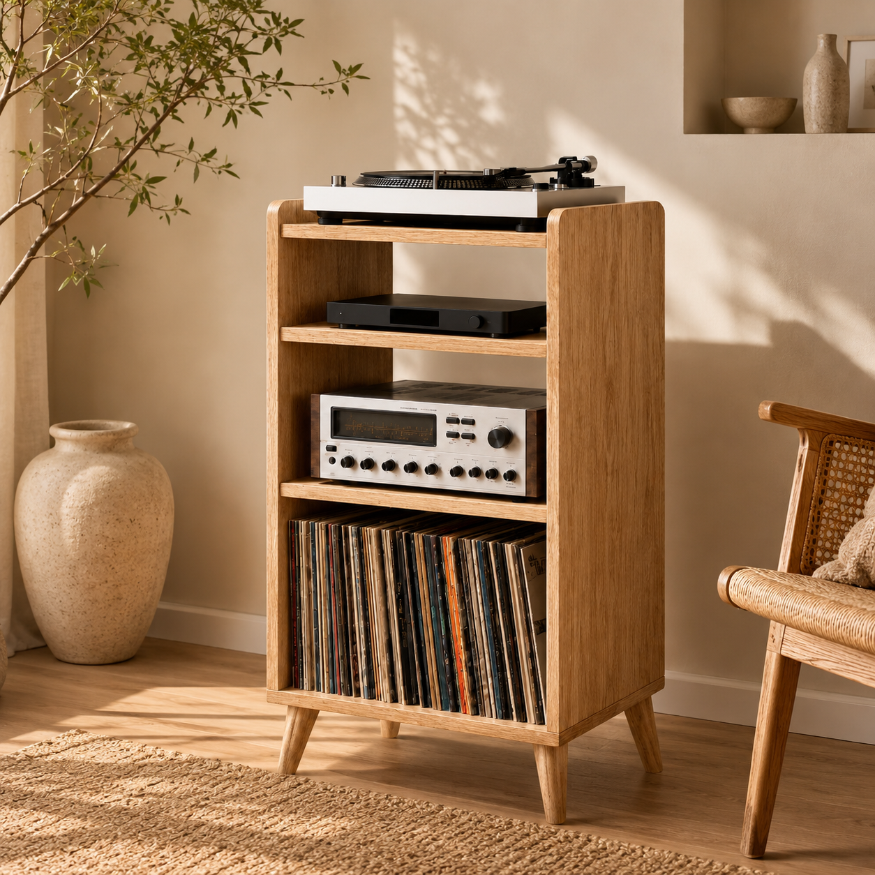 Narrow Record Player Stand with Vinyl Storage – Tall Turntable Stand & LP Organizer