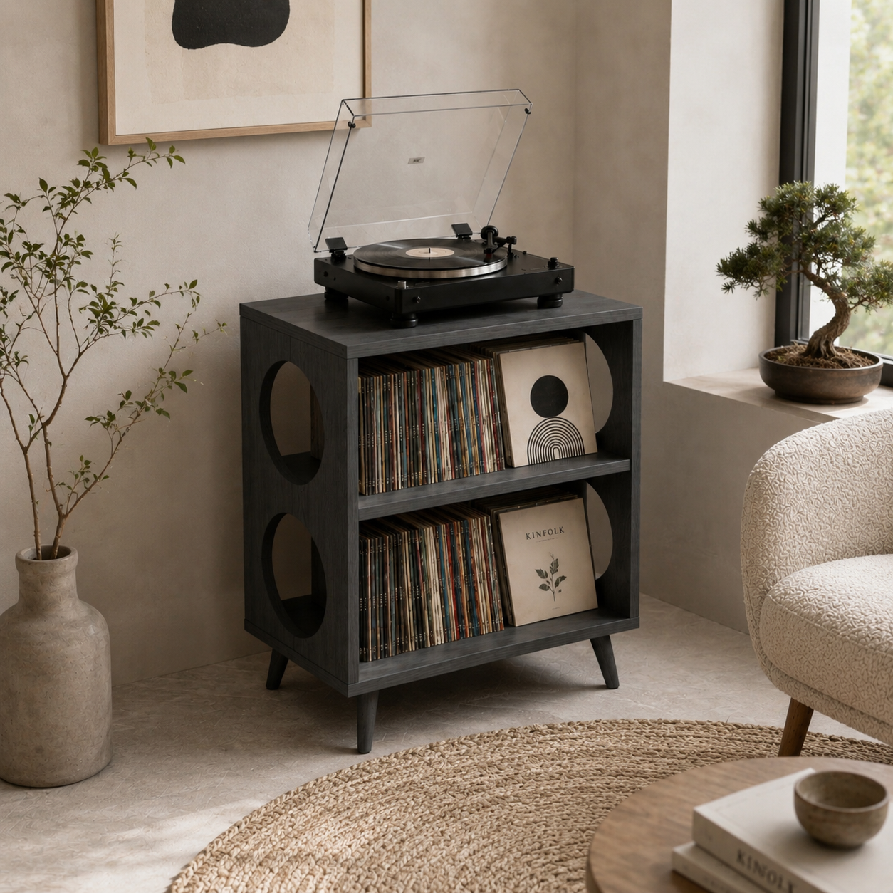 Record Player Stand with Vinyl Storage – Tall Turntable Stand & LP Organizer