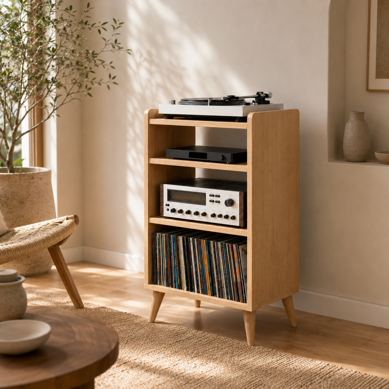 Narrow Record Player Stand with Vinyl Storage – Tall Turntable Stand & LP Organizer