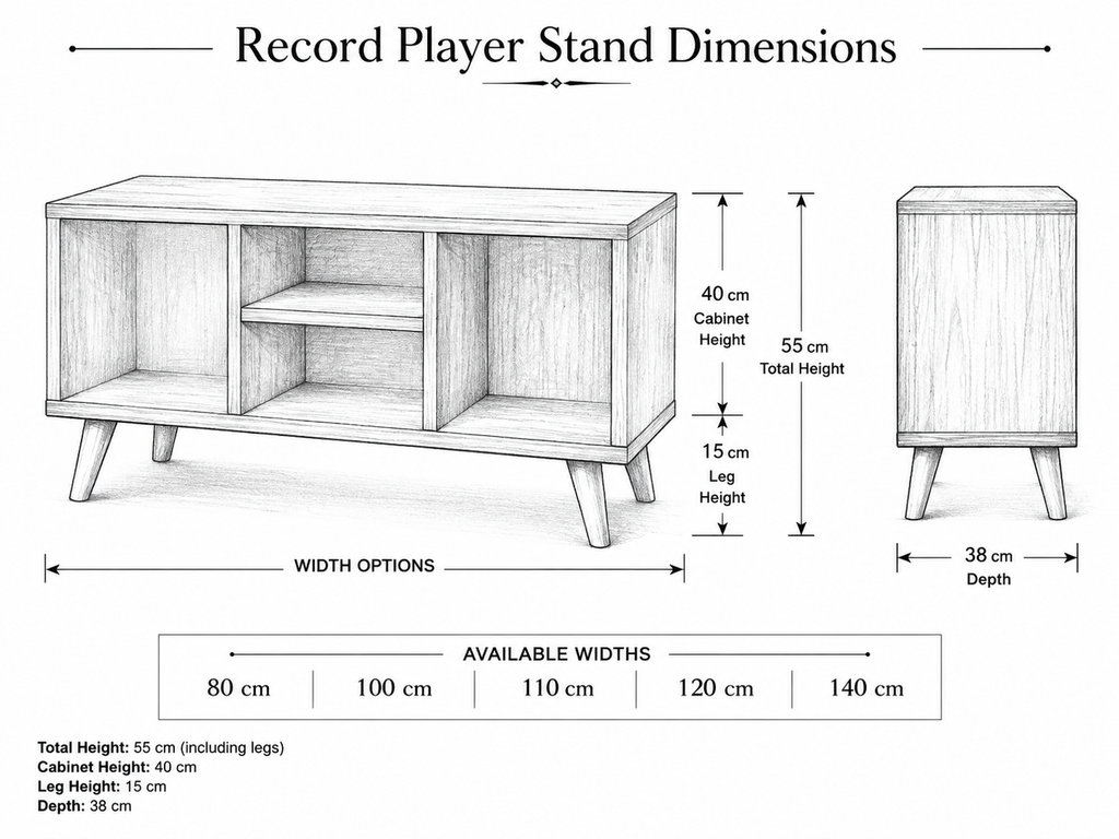 Mid-Century Record Player Stand with Vinyl Storage – Low Turntable Console & LP Storage Cabinet