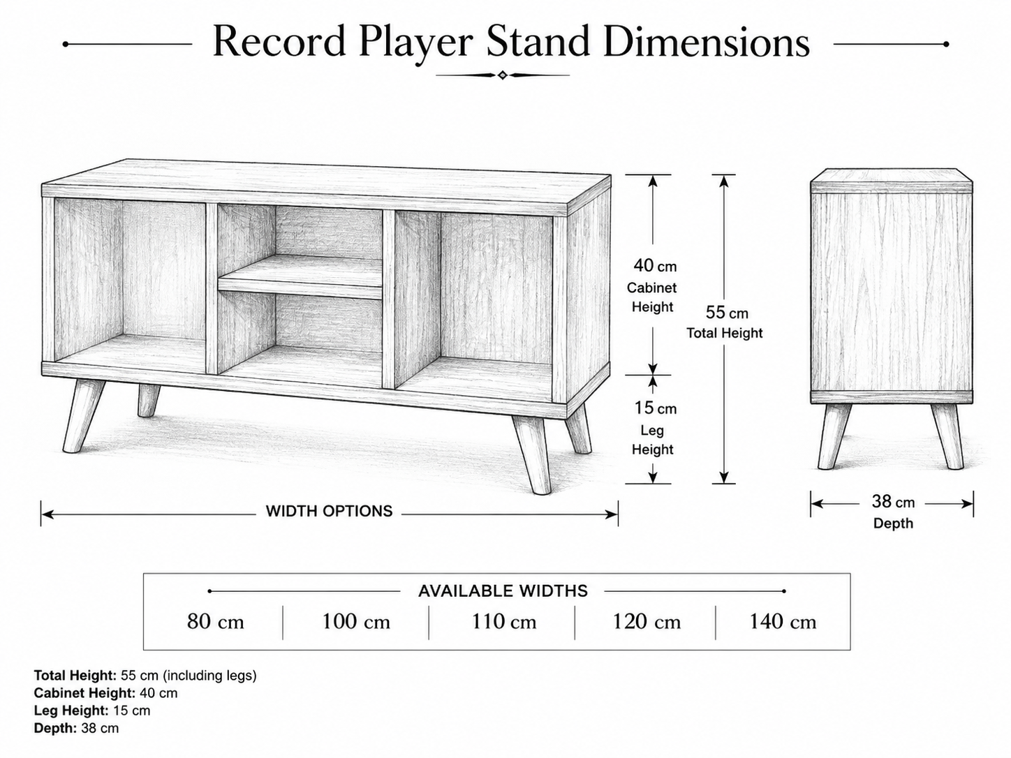Mid-Century Record Player Stand with Vinyl Storage – Low Turntable Console & LP Storage Cabinet