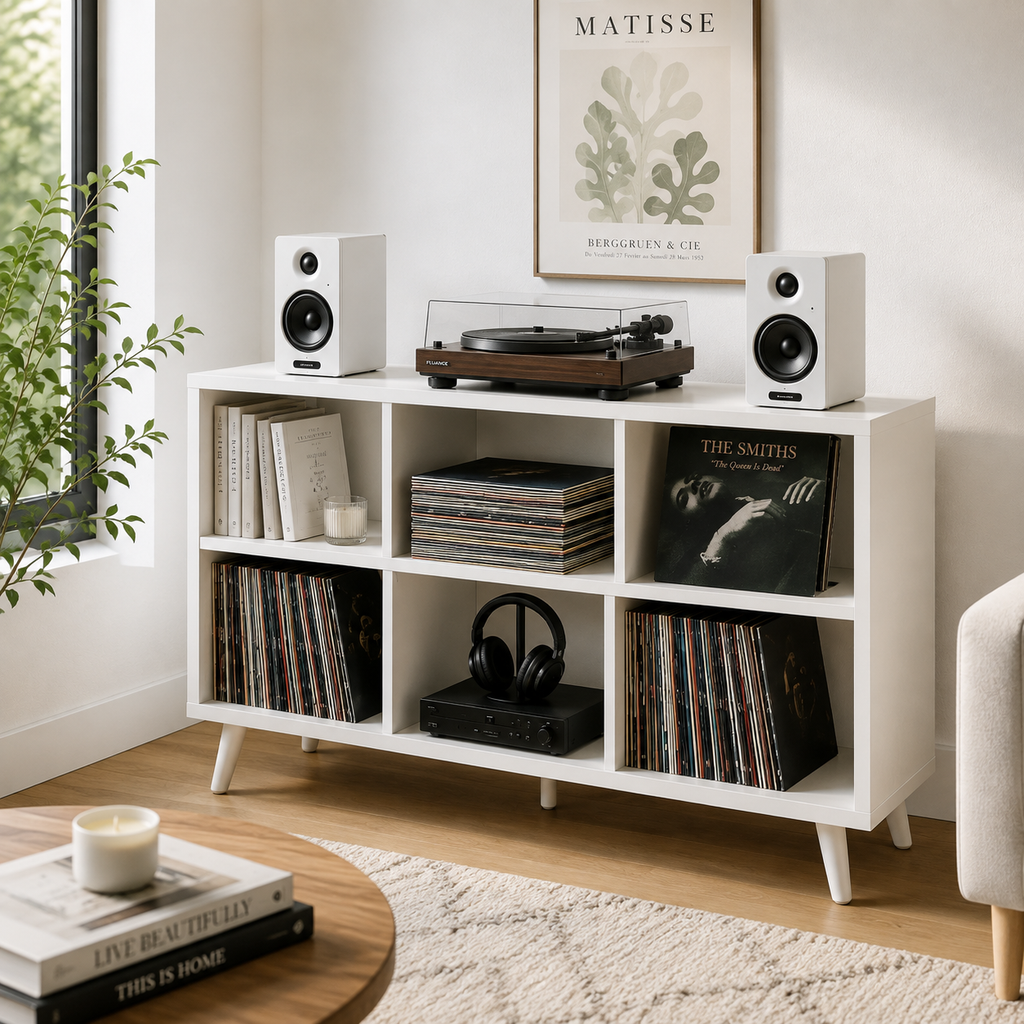 Mid-Century Record Player Stand with Vinyl Storage – Turntable Console & LP Storage Cabinet