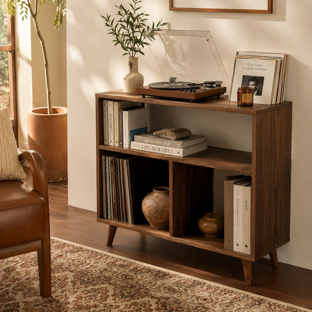 Tall Record Player Stand with Vinyl Storage – Mid-Century Turntable Stand & LP Organizer