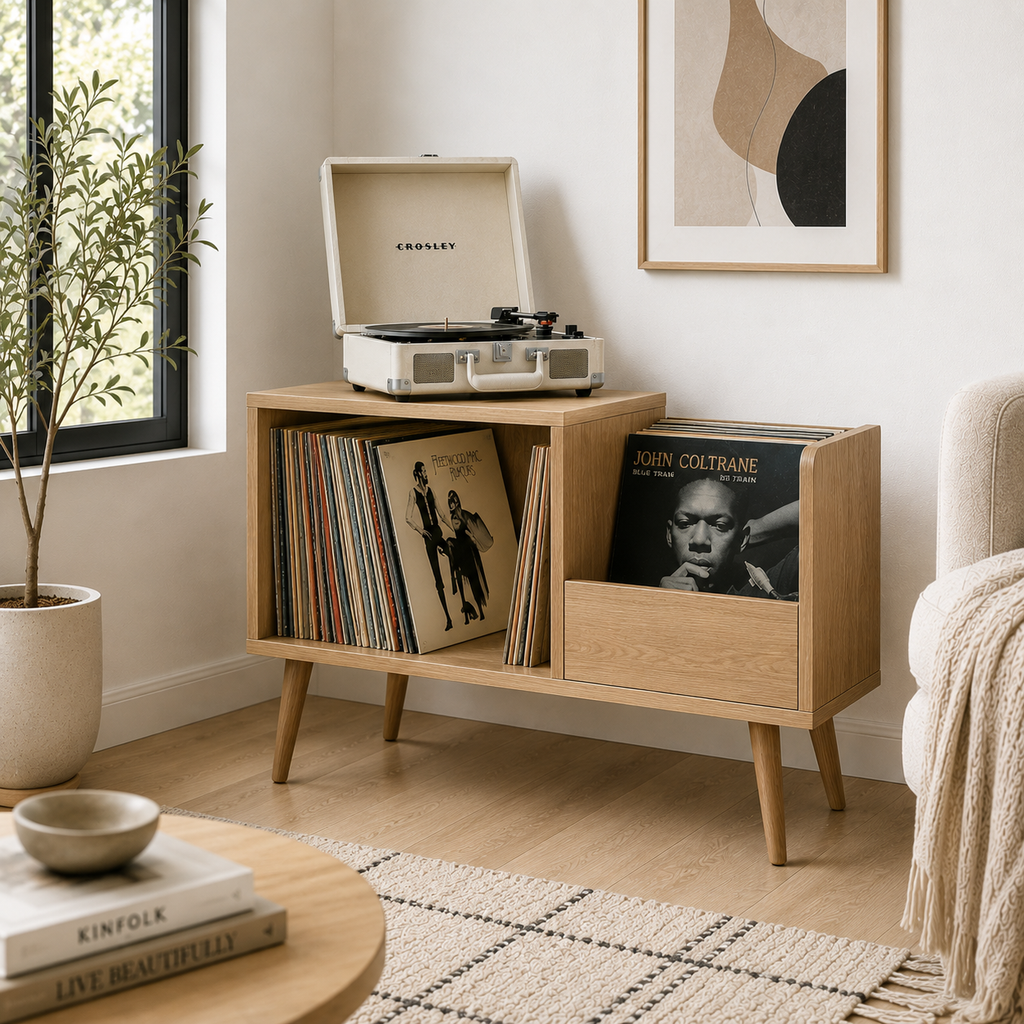 Mid-Century Vinyl Record Storage Stand – 2-Compartment LP Organizer & Record Display Cabinet