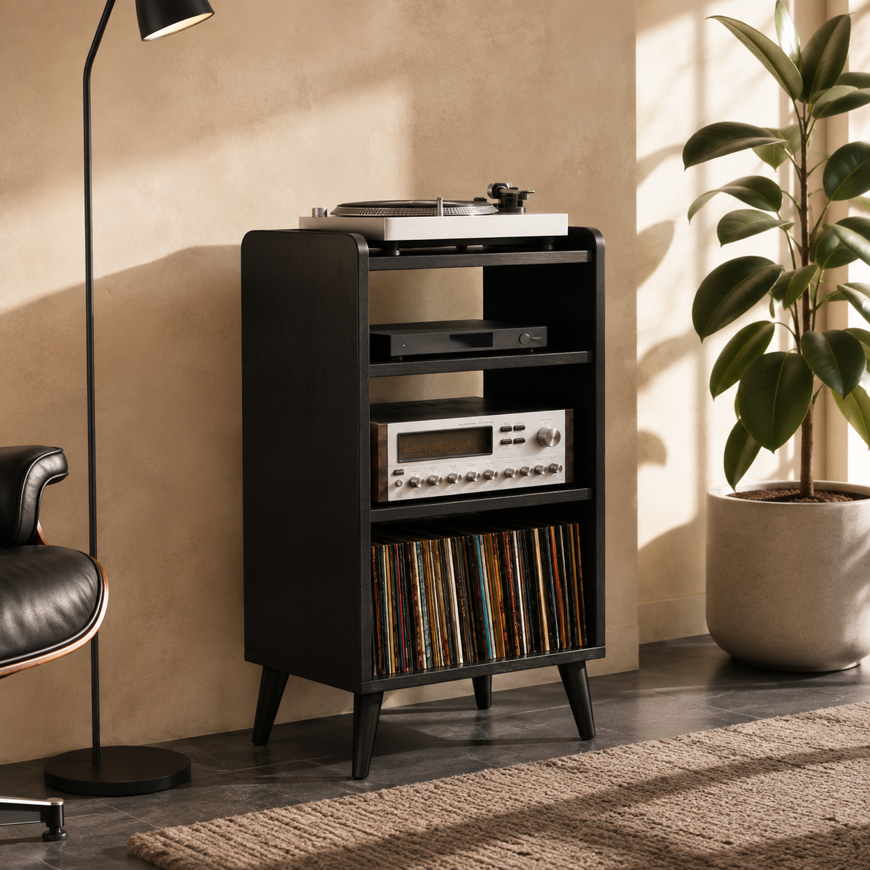 Narrow Record Player Stand with Vinyl Storage – Tall Turntable Stand & LP Organizer