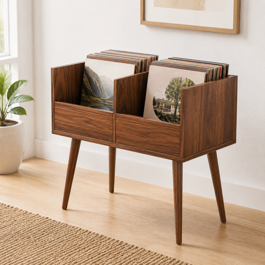 Mid-Century Vinyl Record Storage Stand – LP Organizer & Record Player Stand, Walnut Style