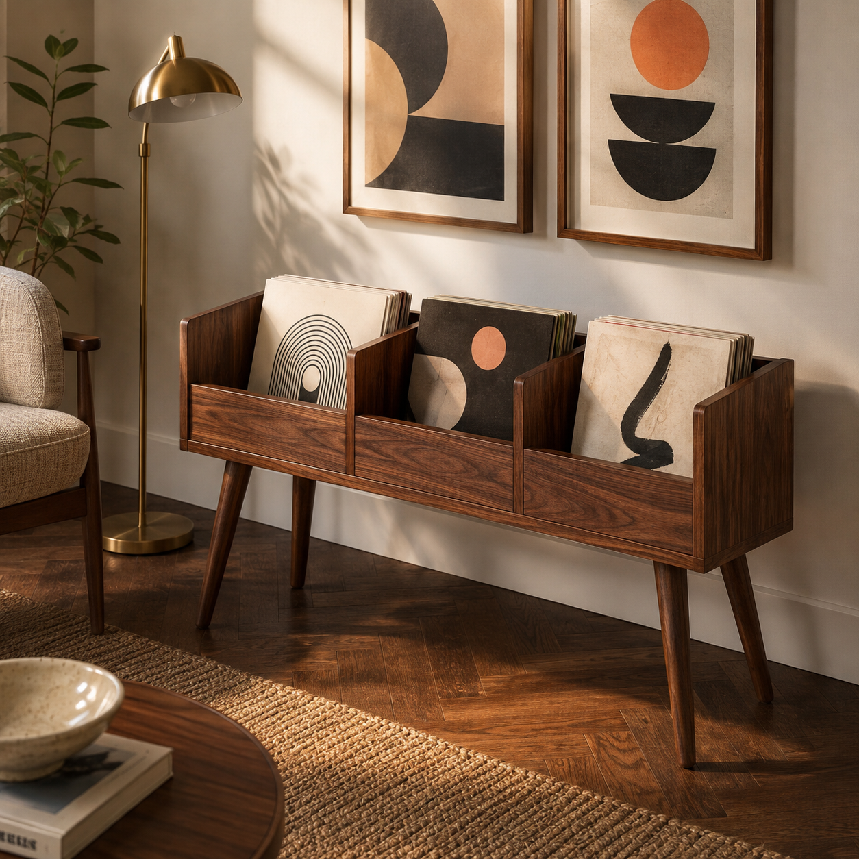 Mid-Century Vinyl Record Storage Stand – 3-Compartment LP Organizer & Record Display Cabinet