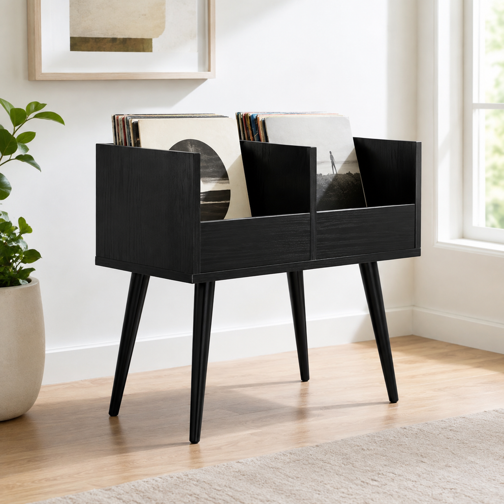 Mid-Century Vinyl Record Storage Stand – LP Organizer & Record Player Stand, Walnut Style