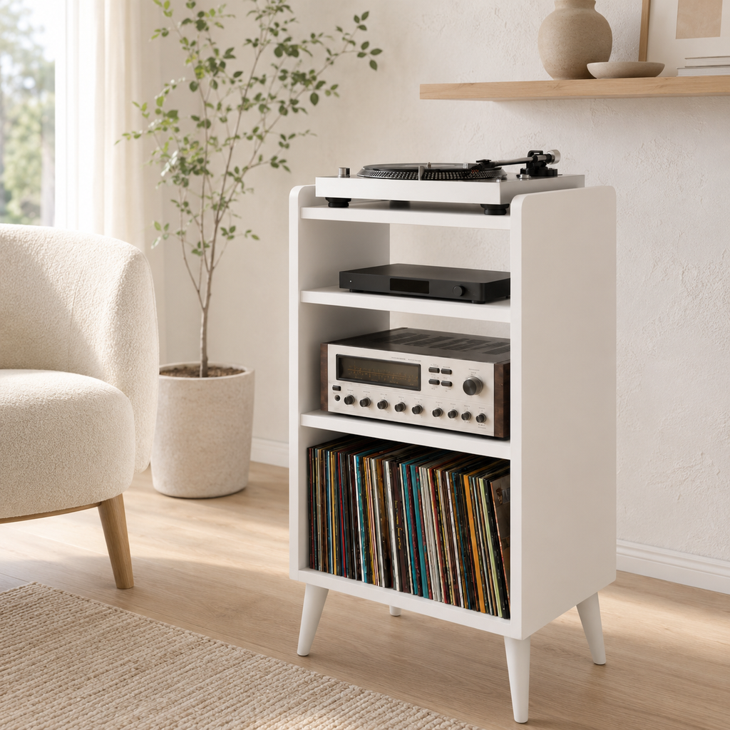 Narrow Record Player Stand with Vinyl Storage – Tall Turntable Stand & LP Organizer