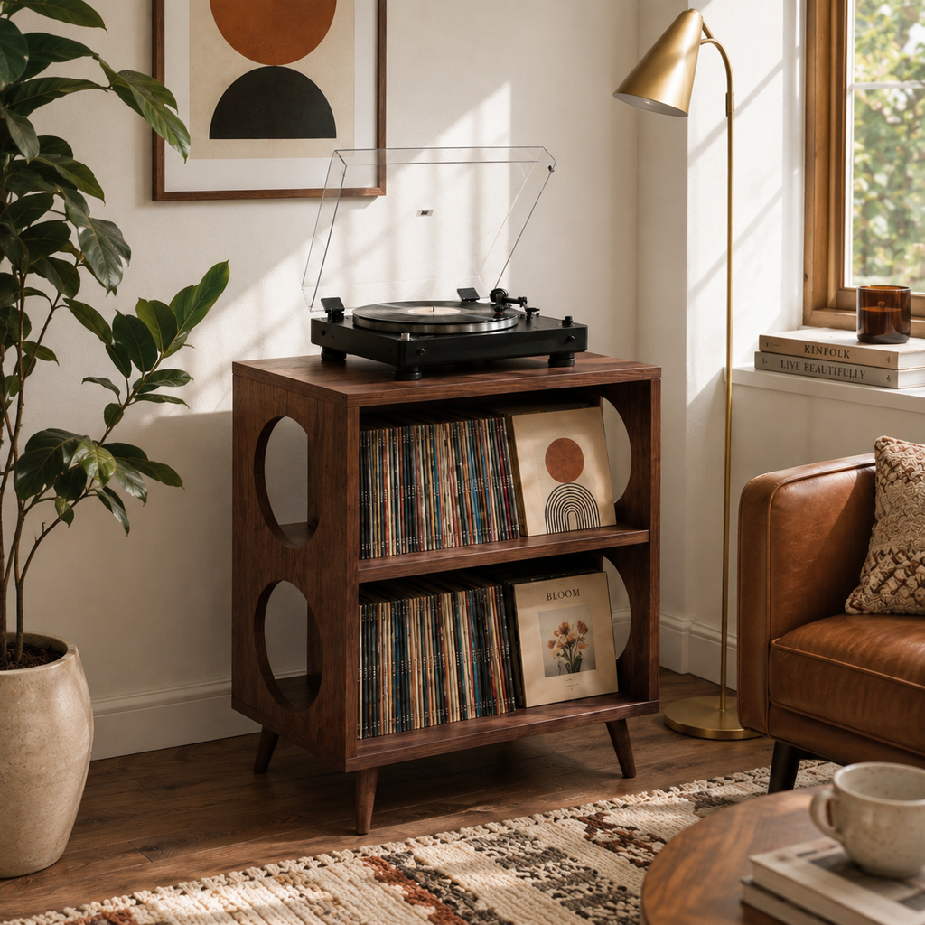 Record Player Stand with Vinyl Storage – Tall Turntable Stand & LP Organizer