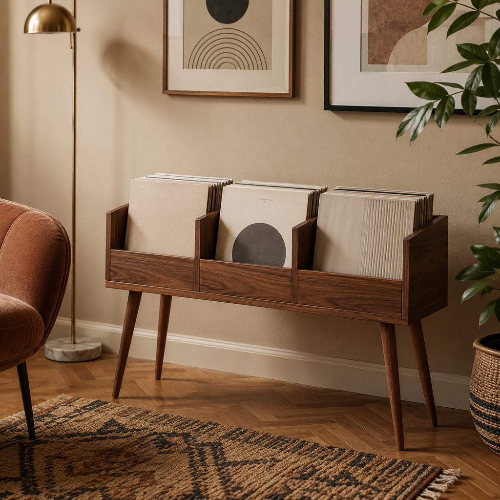 Mid-Century Vinyl Record Storage Stand – 3-Compartment LP Organizer & Record Display Cabinet