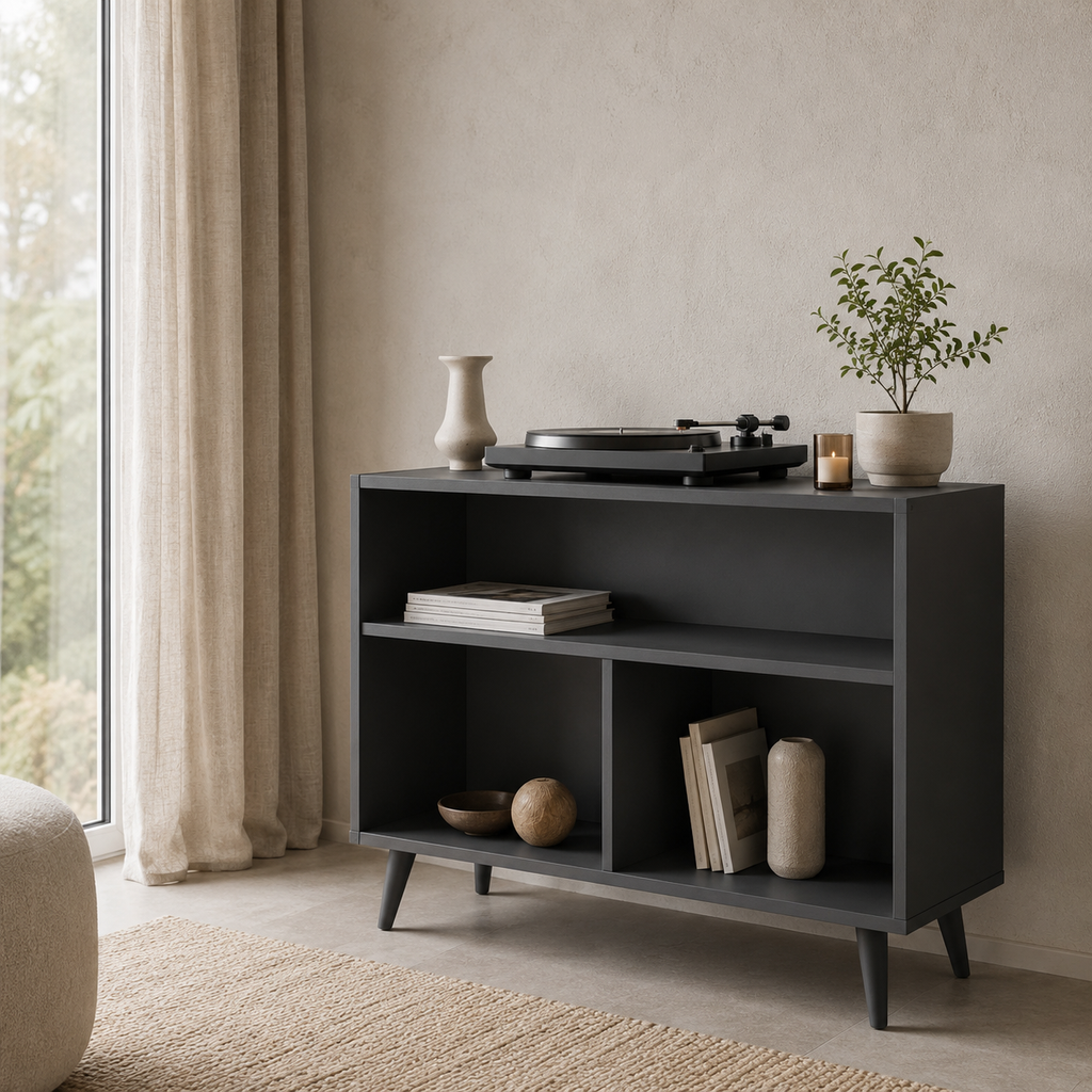 Tall Record Player Stand with Vinyl Storage – Mid-Century Turntable Stand & LP Organizer