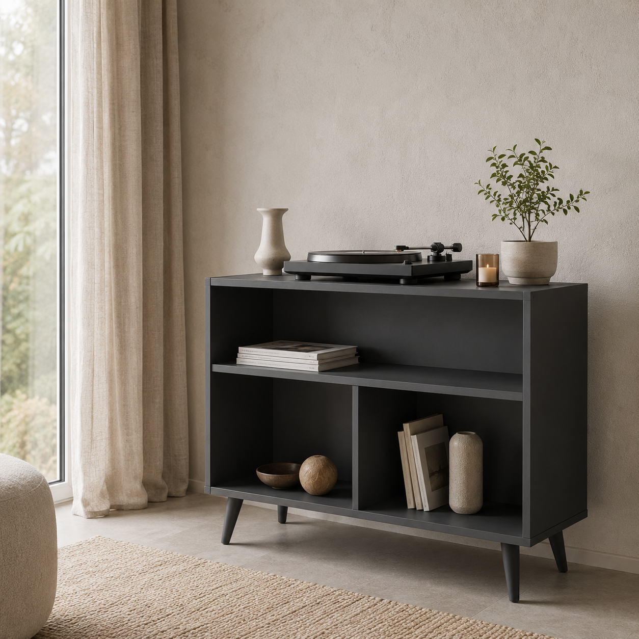 Tall Record Player Stand with Vinyl Storage – Mid-Century Turntable Stand & LP Organizer