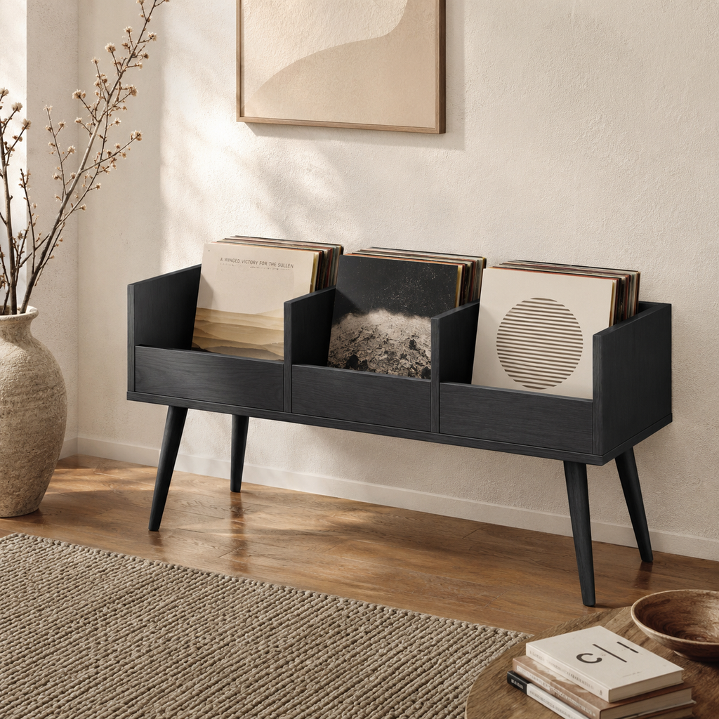 Mid-Century Vinyl Record Storage Stand – 3-Compartment LP Organizer & Record Display Cabinet